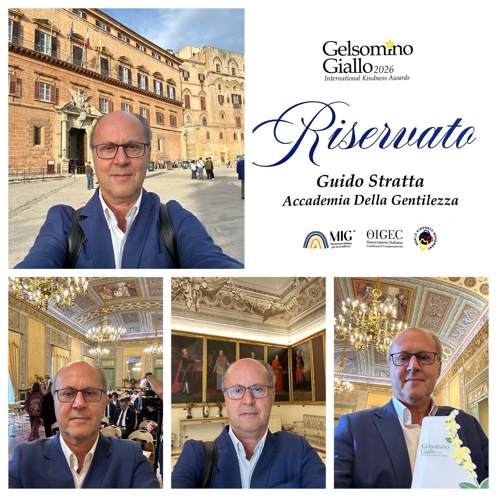 Guido Stratta riceve il Premio Gelsomino Giallo 2026 – International Kindness Awards a Palermo